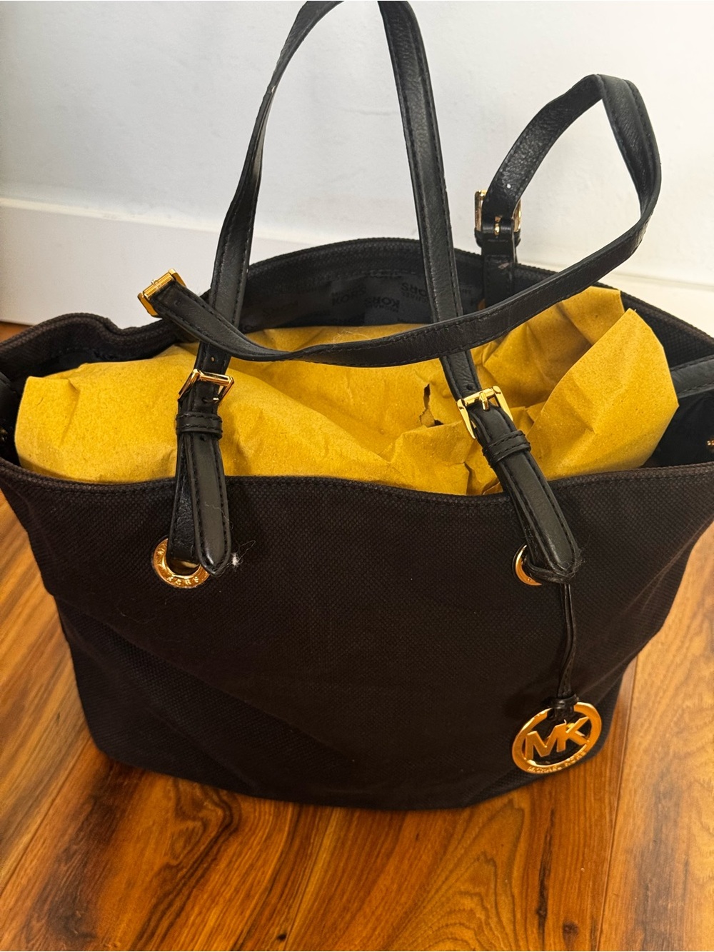 Michael Kors Black Canvas Tote with Gold Logo Charm